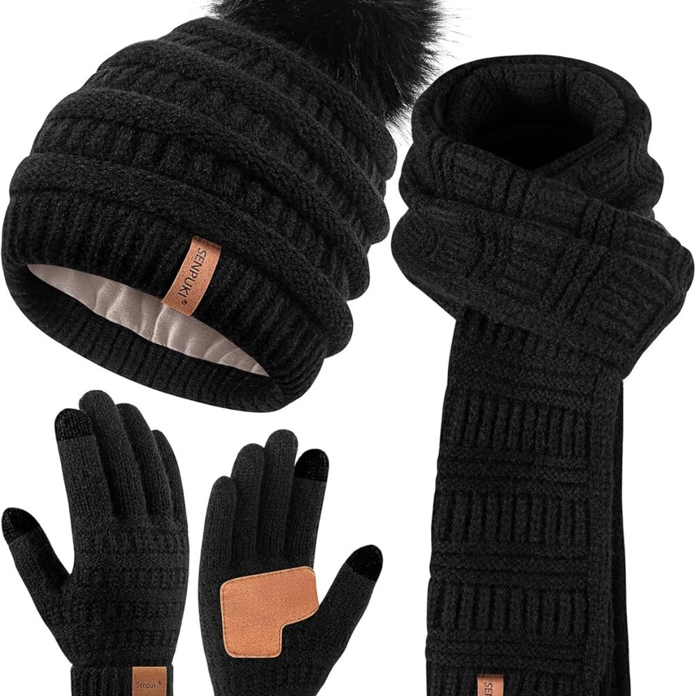 Womens Winter Beanie Scarf Gloves Set, Pom Pom Hat with Warm Fleece Lined Long K